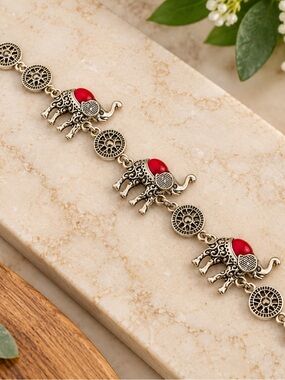 Vintage Style Elephant Bracelet Red Stone Silver Tone Boho Ethnic Jewelry